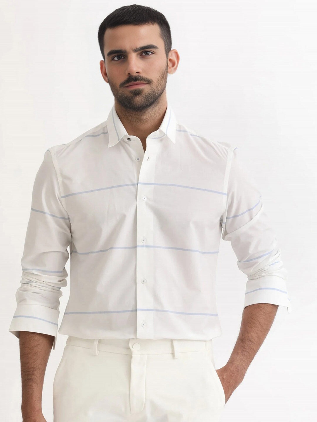 

MISCHIEF MONKEY Classic Striped Cotton Spread Collar Curved Formal Shirt, Blue