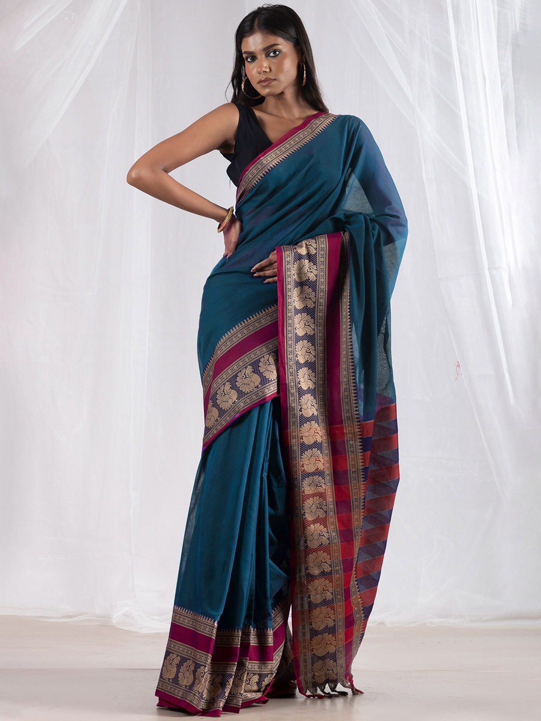 

Unnati Silks Pure Cotton Handloom Narayan Peth Saree With Tassels, Blue