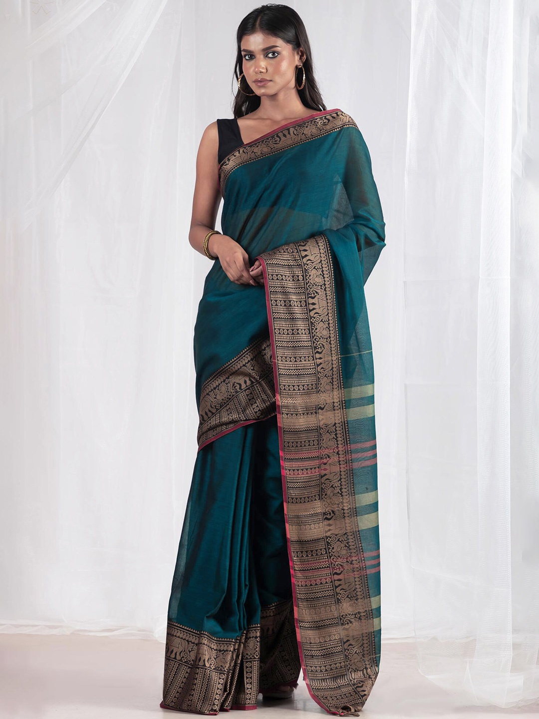 

Unnati Silks Pure Cotton Handloom Narayan Peth Saree With Tassels, Blue