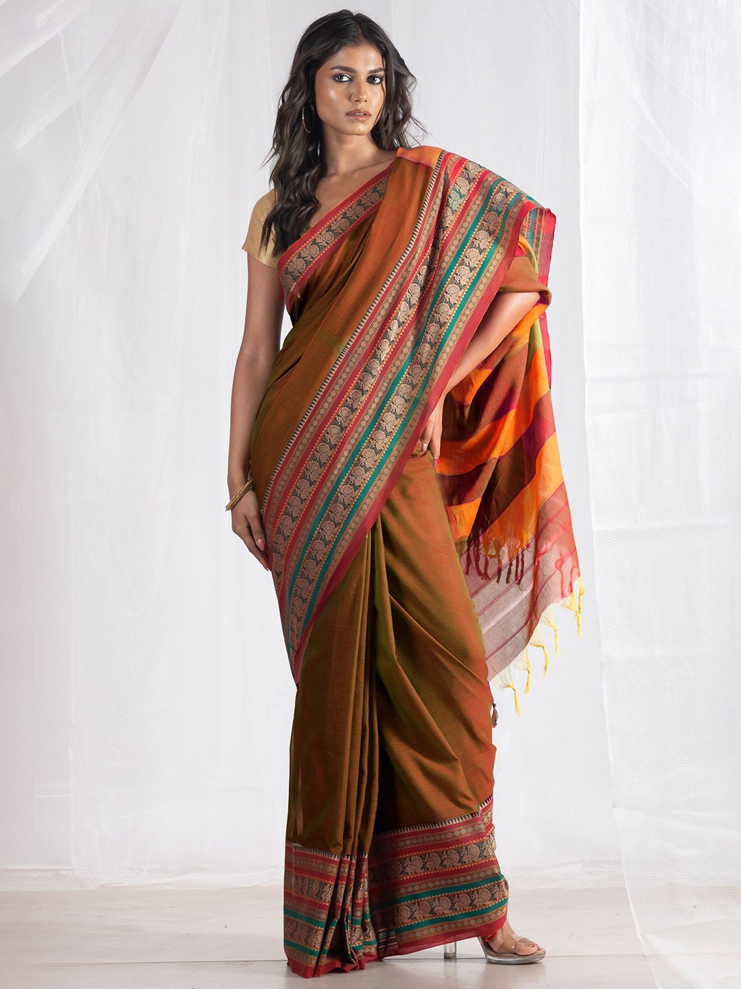

Unnati Silks Pure Cotton Handloom Narayan Peth Saree With Tassels, Yellow
