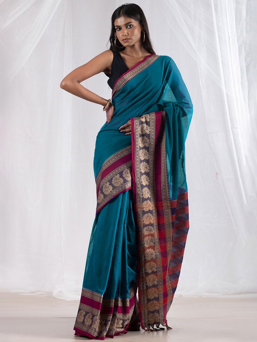 

Unnati Silks Zari Pure Cotton Handloom Narayan Peth Saree With Tassels, Blue