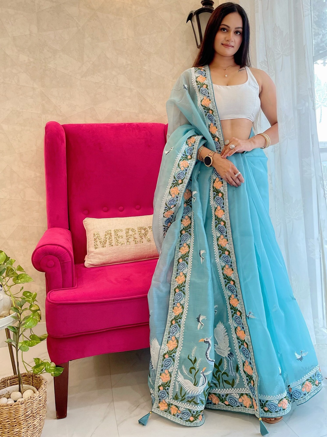 

Munir Floral Embroidered Gotta Patti Organza Saree, Blue