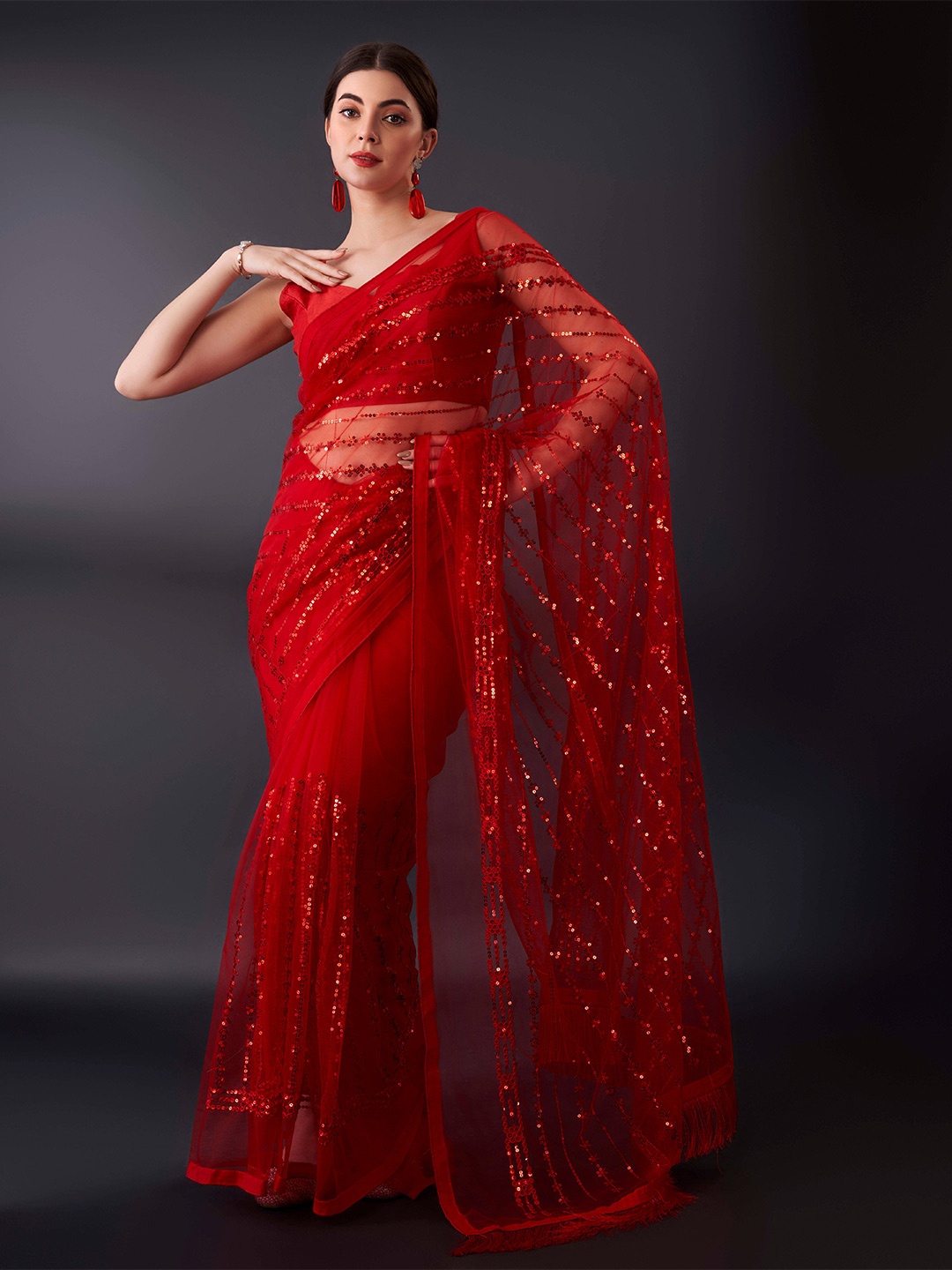 

Munir Ethnic Motifs Embroidered Sequinned Net Saree, Red