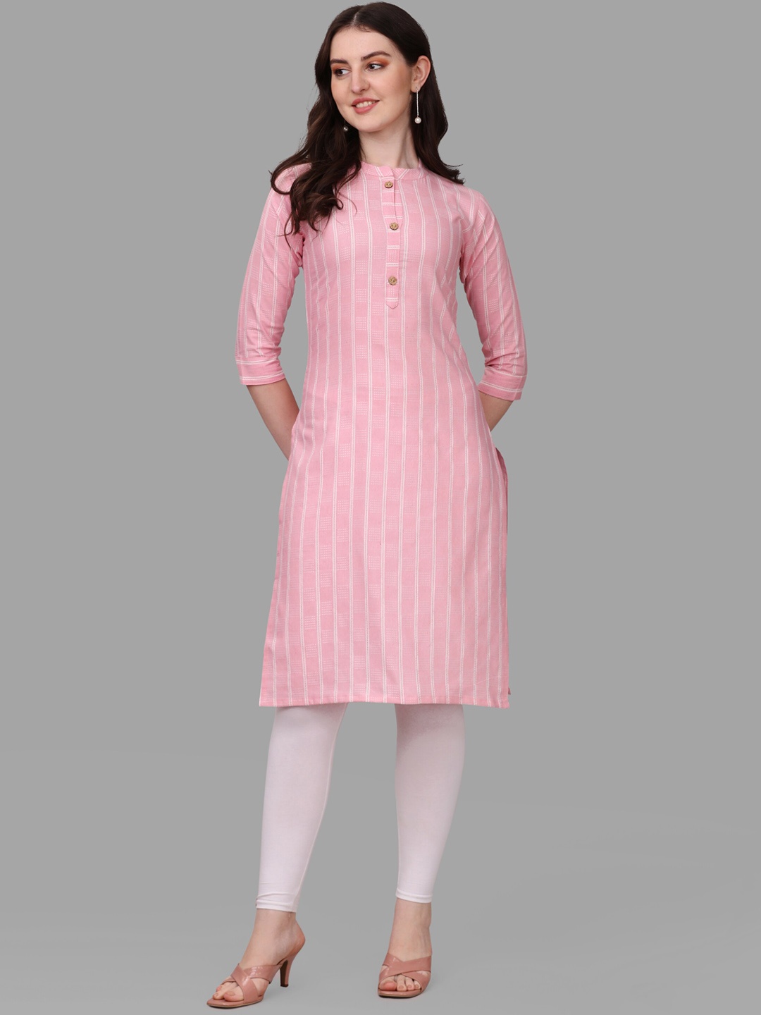 

CaniBani Striped Mandarin Collar Straight Kurta, Pink