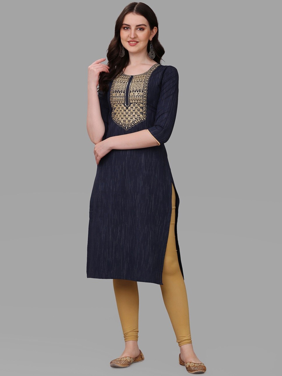 

CaniBani Ethnic Motifs Yoke Design Thread Work Sequined Straight Kurta, Navy blue