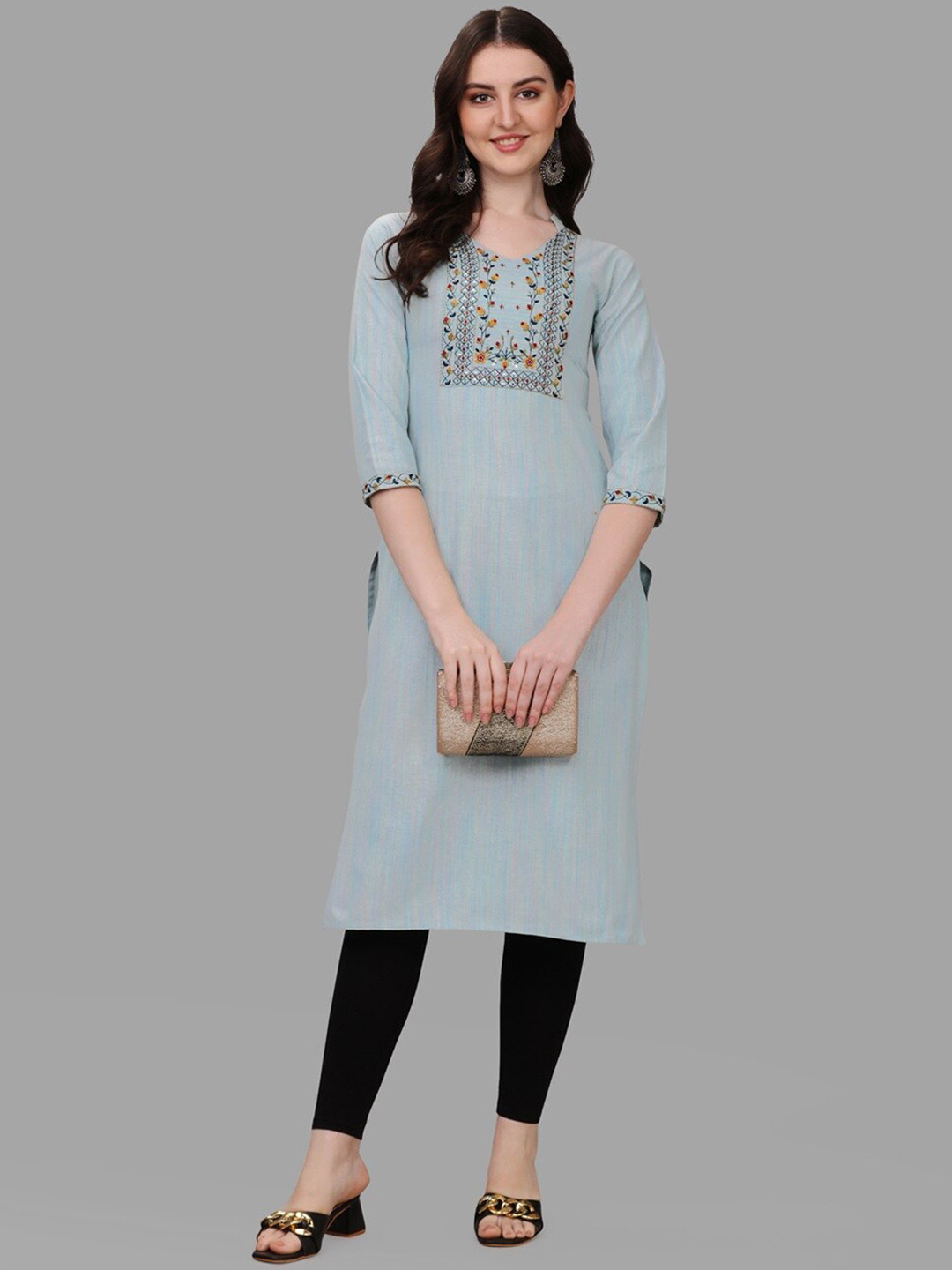 

CaniBani Floral Yoke Design Round Neck Thread Work Cotton Straight Kurta, Turquoise blue