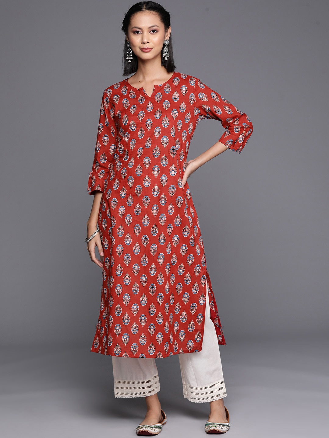 

KALINI Ethnic Motifs Printed Round Neck Cotton Straight Kurta, Rust