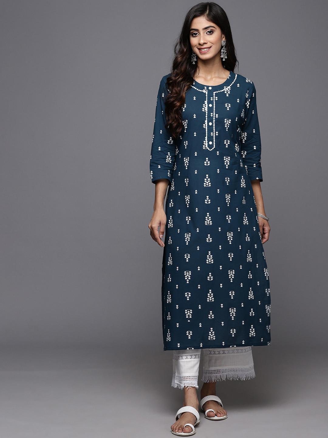 

KALINI Floral Printed Straight Cotton Kurta, Navy blue
