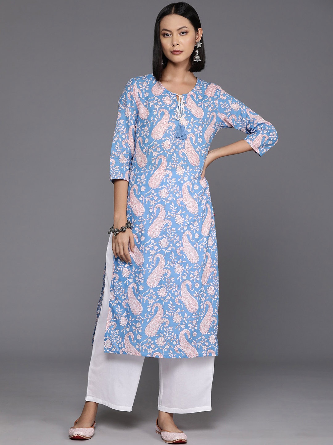 

KALINI Ethnic Motifs Printed Keyhole Neck Cotton Straight Kurta, Blue