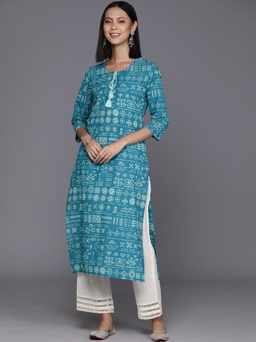 

KALINI Women Ethnic Motifs Printed Tie-Up Straight Cotton Kurta, Blue