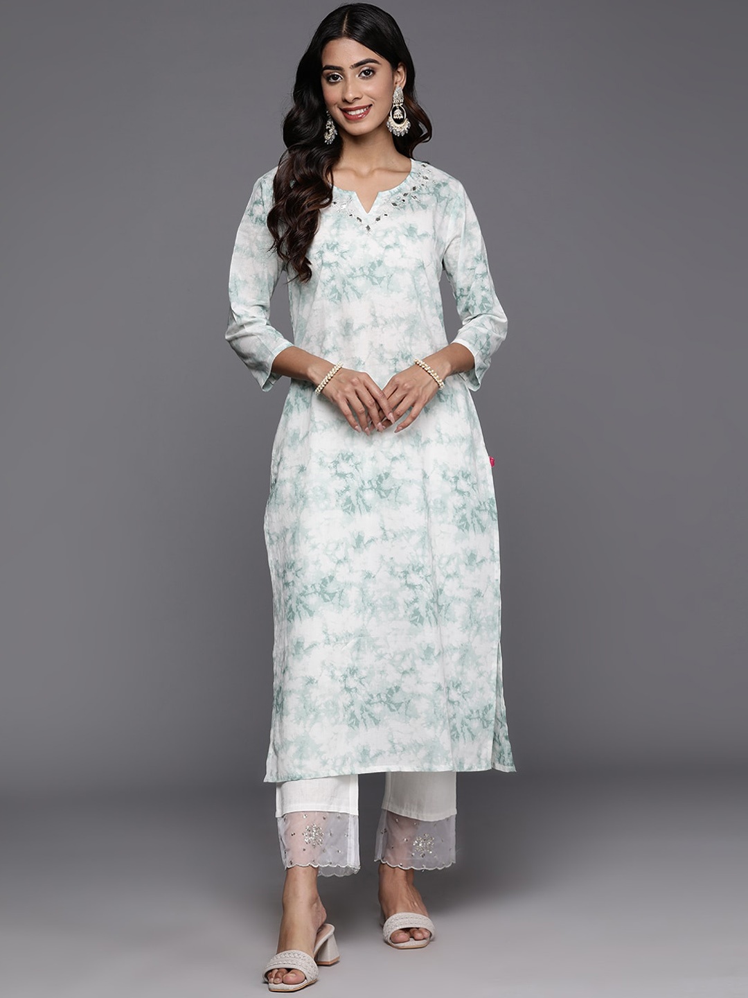 

KALINI Abstract Printed Mirror Work Cotton Kurta, Sea green