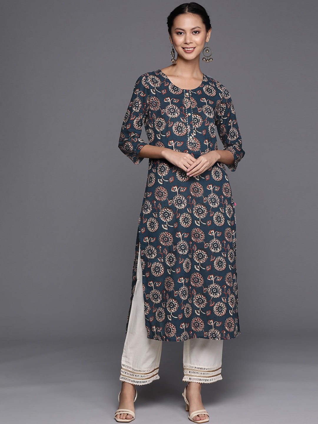 

KALINI Floral Printed Straight Cotton Kurta, Teal