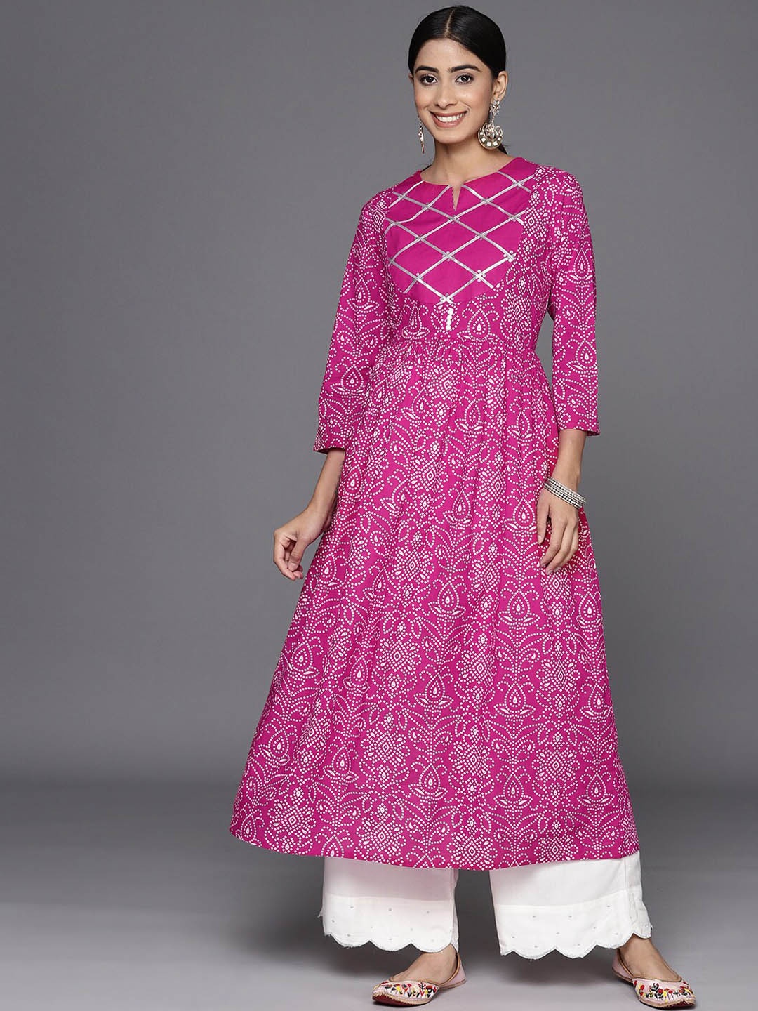 

KALINI Bandhani Printed Round Neck Cotton A-Line Kurta, Fuchsia