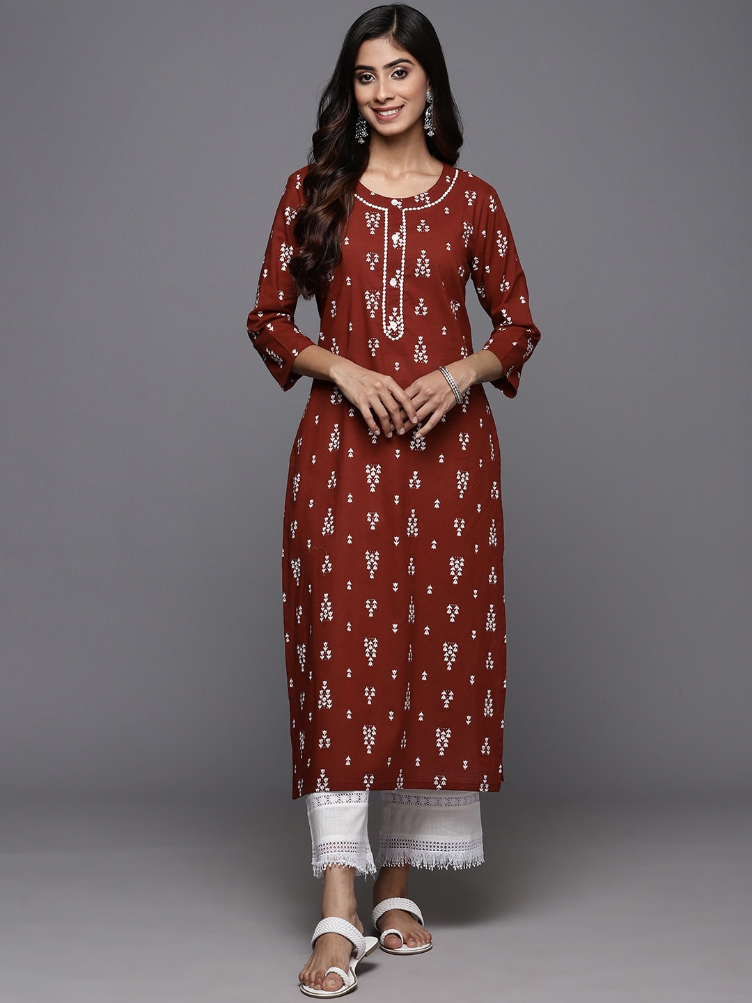 

KALINI Ethnic Motifs Printed Pure Cotton Kurta, Red