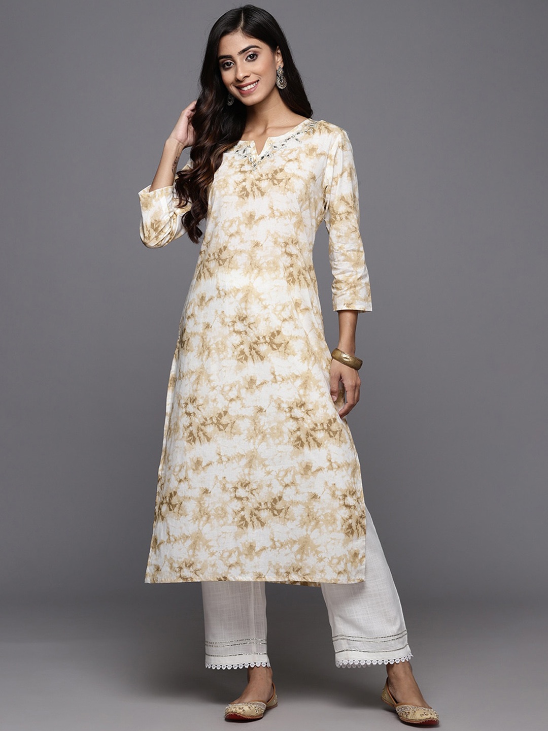 

KALINI Abstract Printed Round Neck Cotton Straight Kurta, Beige