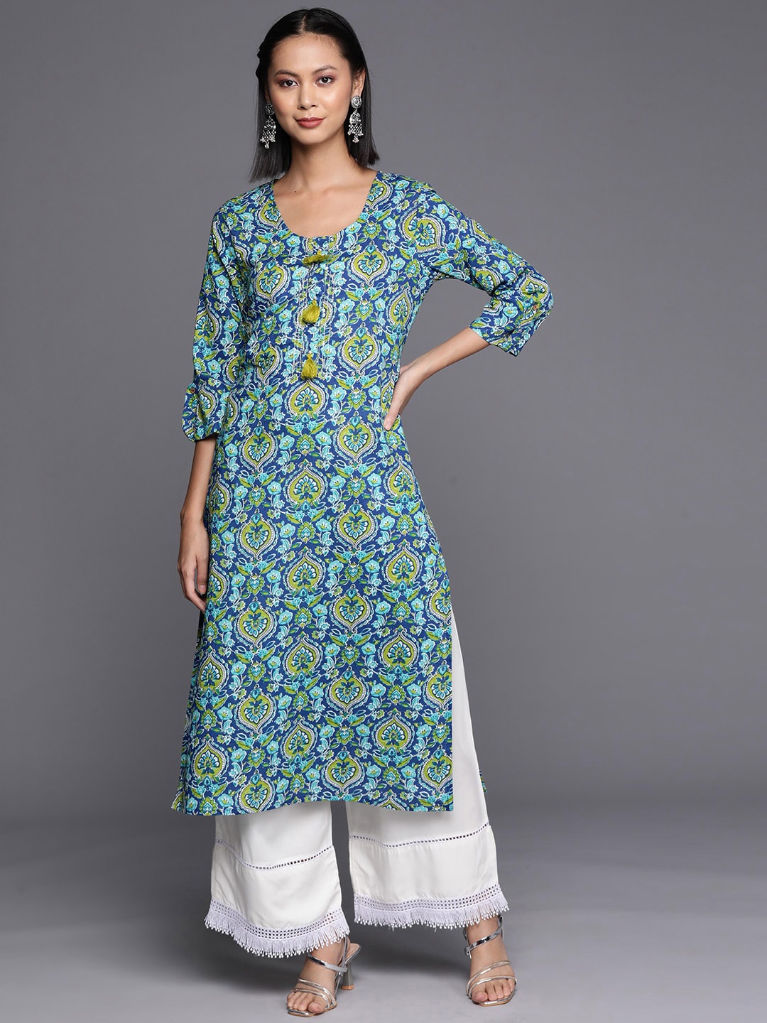 

KALINI Ethnic Motifs Printed Straight Cotton Kurta, Blue