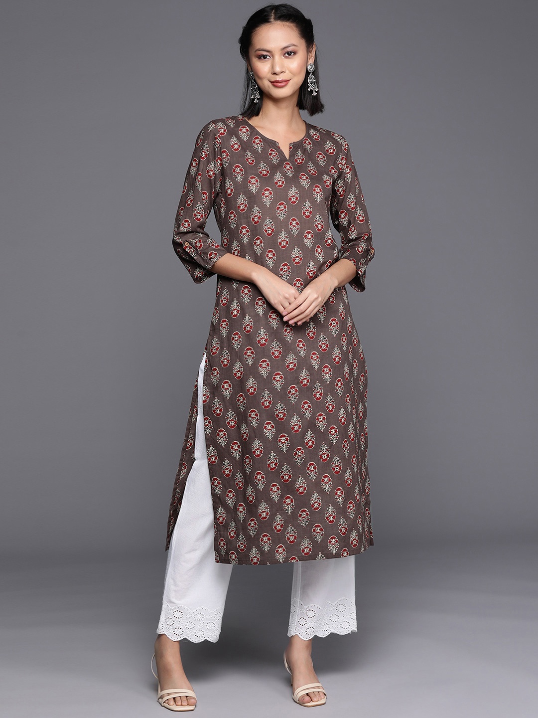 

KALINI Ethnic Motifs Printed Pure Cotton Kurta, Grey