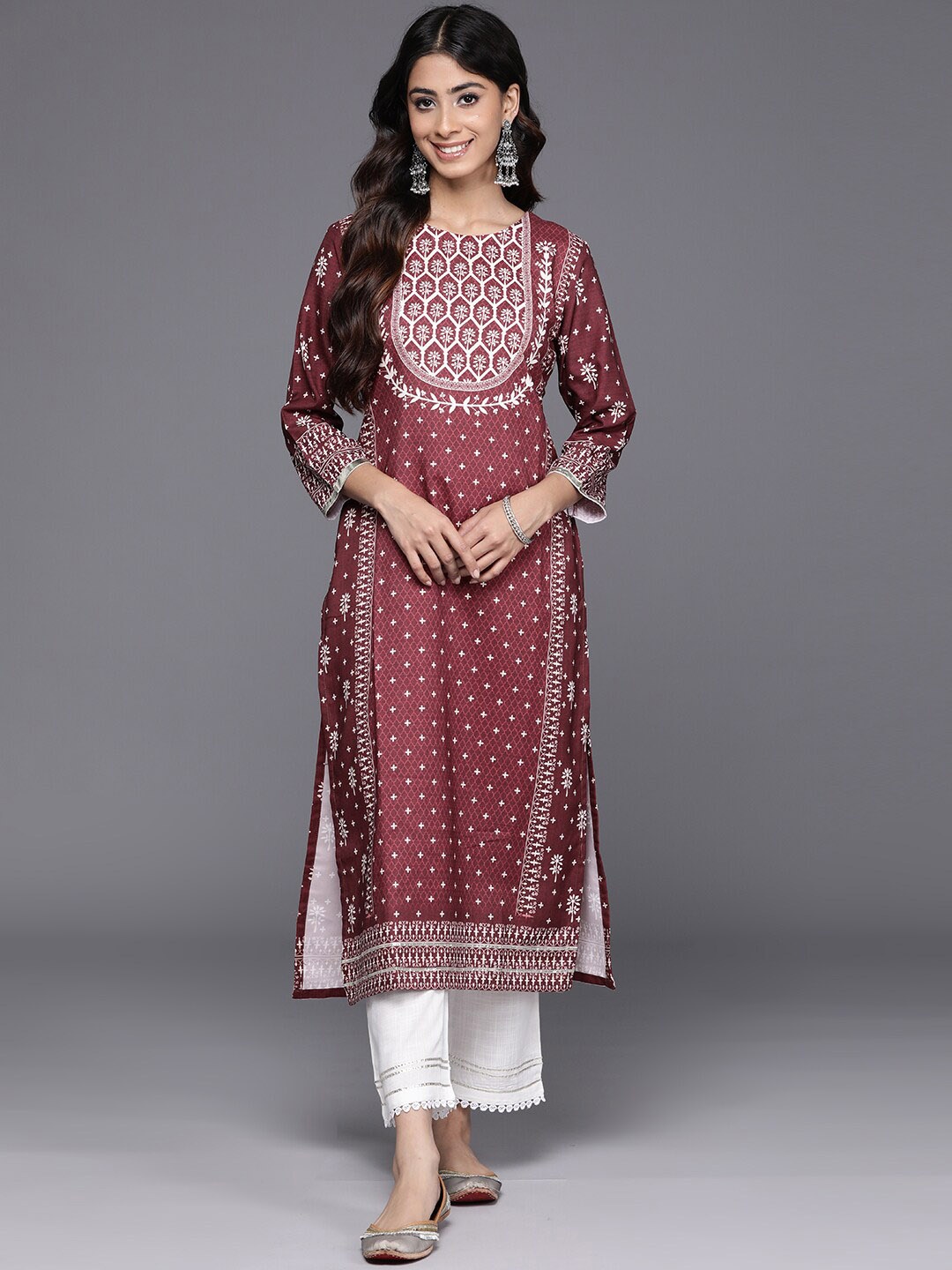 

KALINI Ethnic Motifs Printed Straight Kurta, Maroon