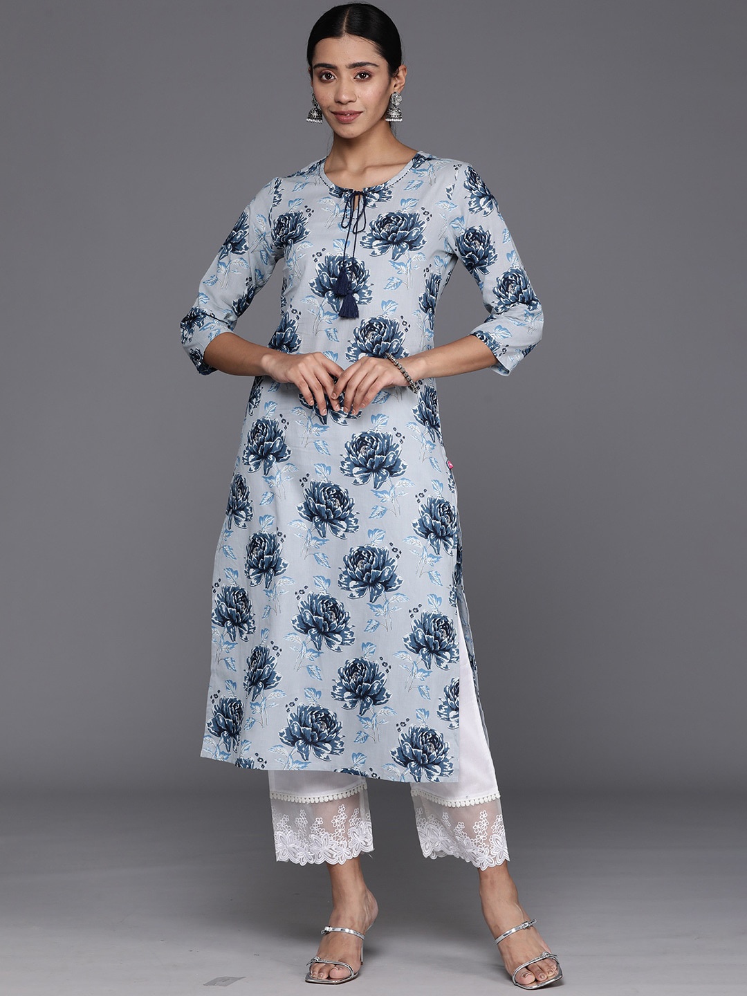

KALINI Floral Printed Tie-Up Neck Straight Cotton Kurta, Blue