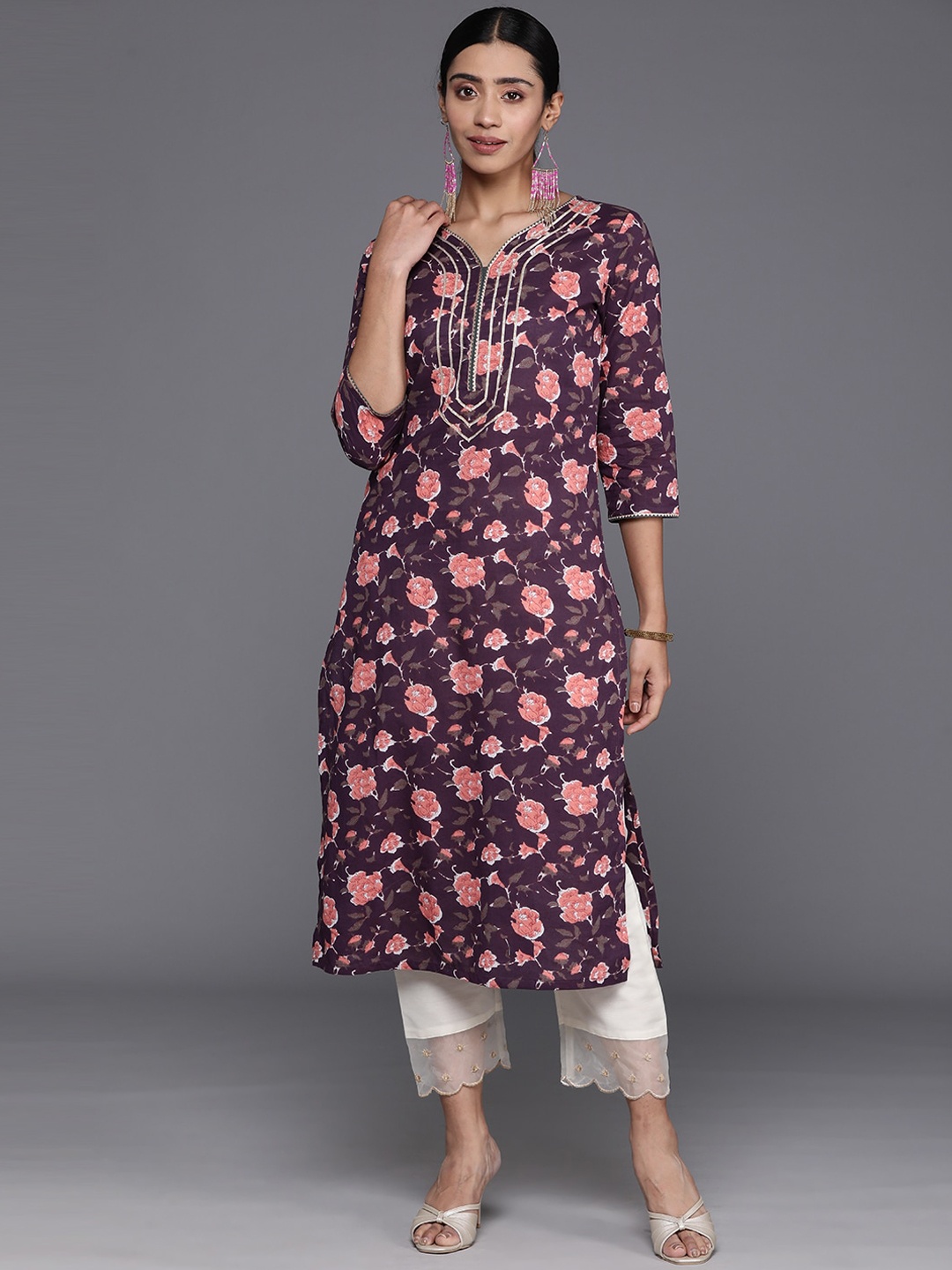 

KALINI Floral Printed Pure Cotton Gotta Patti Straight Kurta, Magenta