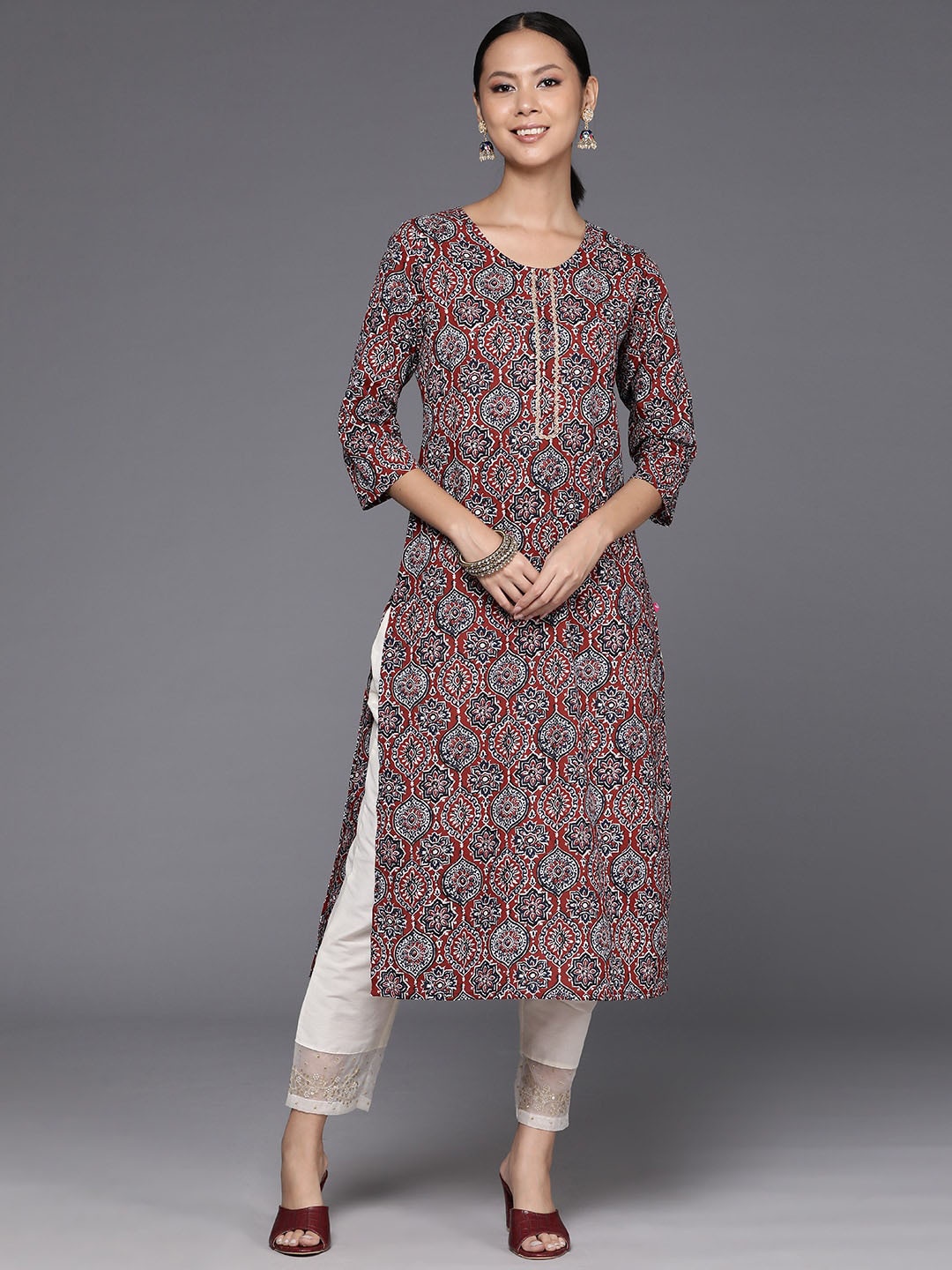 

KALINI Ethnic Motifs Printed Pure Cotton Straight Kurta, Rust