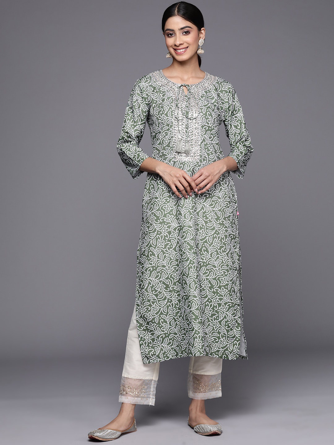 

KALINI Ethnic Motifs Printed Tie Up Neck Sequined Straight Kurta, Green