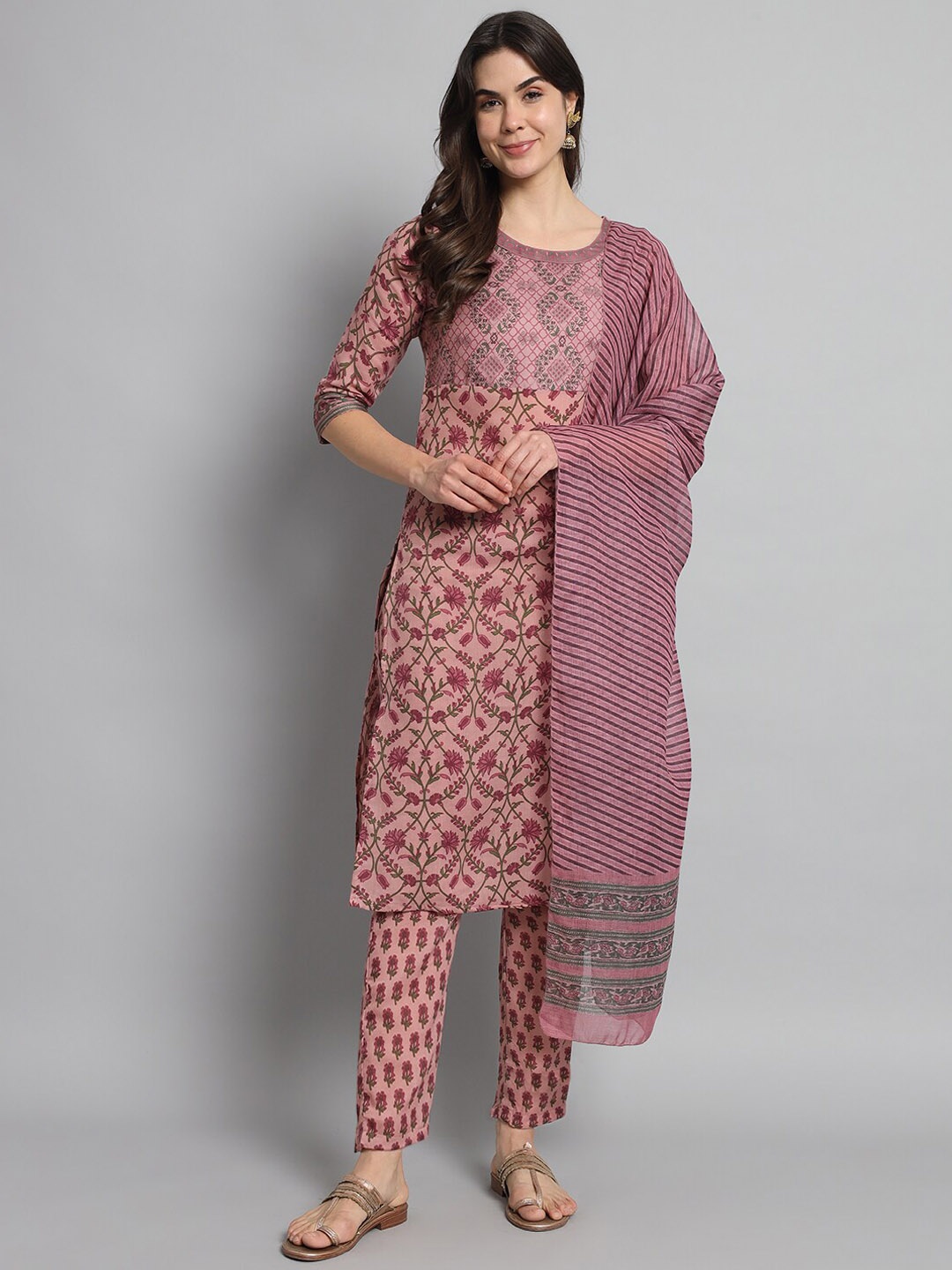 

KALINI Floral Printed Regular Kurta with Trousers & With Dupatta, Peach