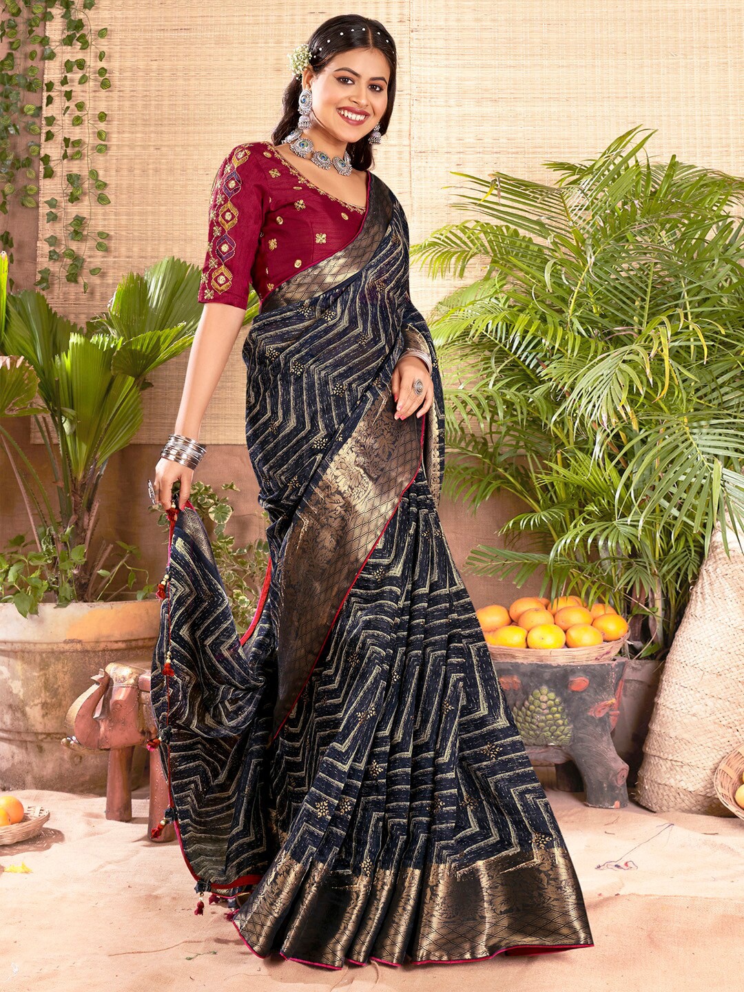 

Saree mall Woven Design Zari Sarees, Navy blue