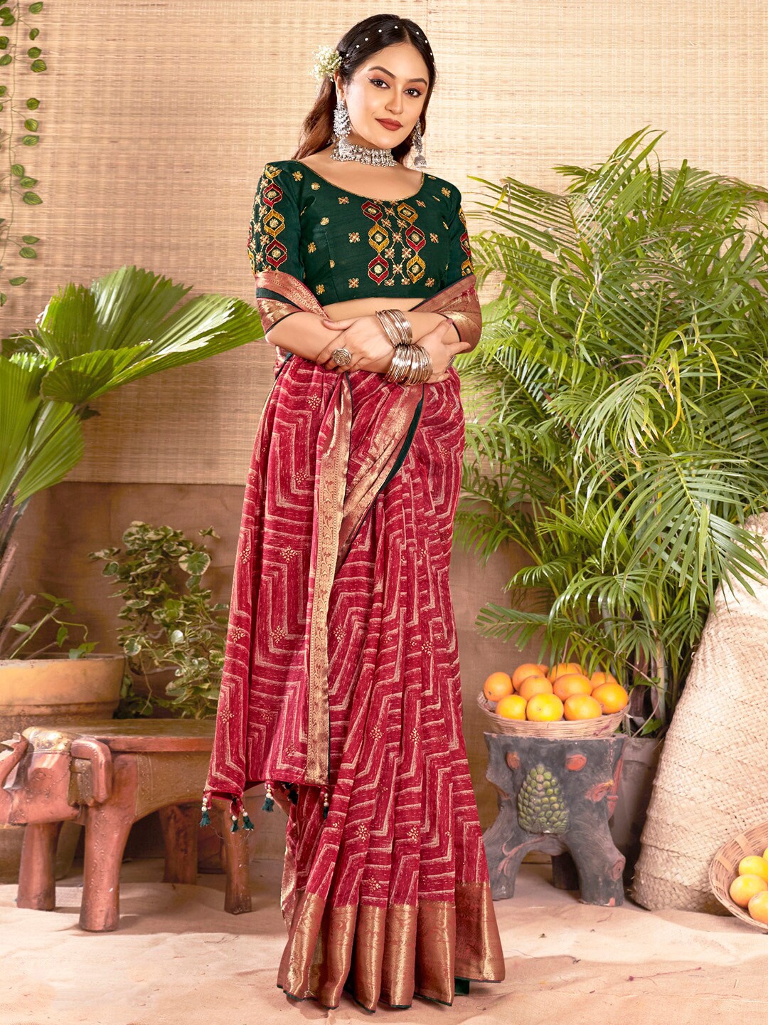 

Saree mall Woven Design Zari Sarees, Red