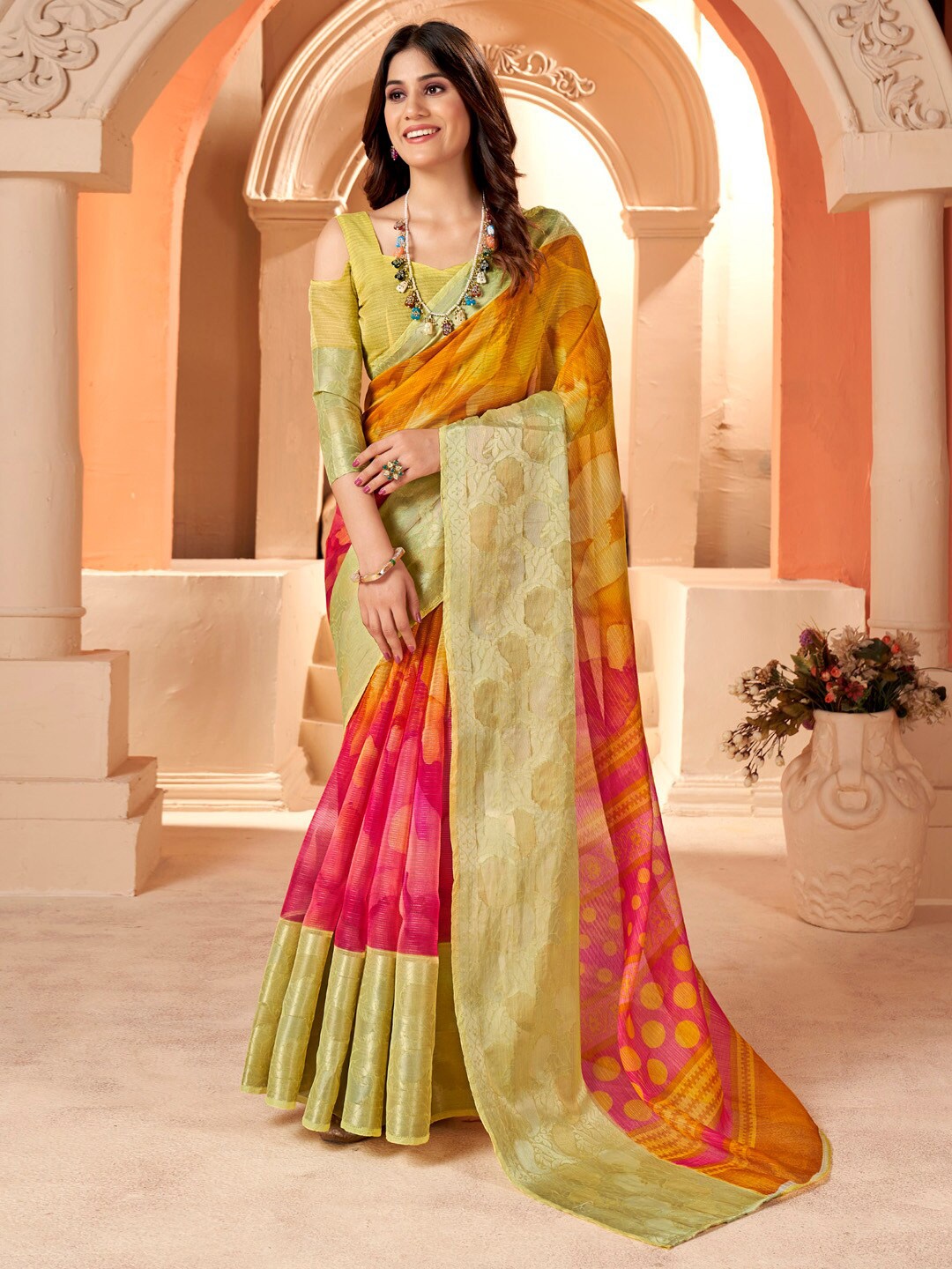 

Saree mall Organza Designer Sungudi Sarees, Yellow