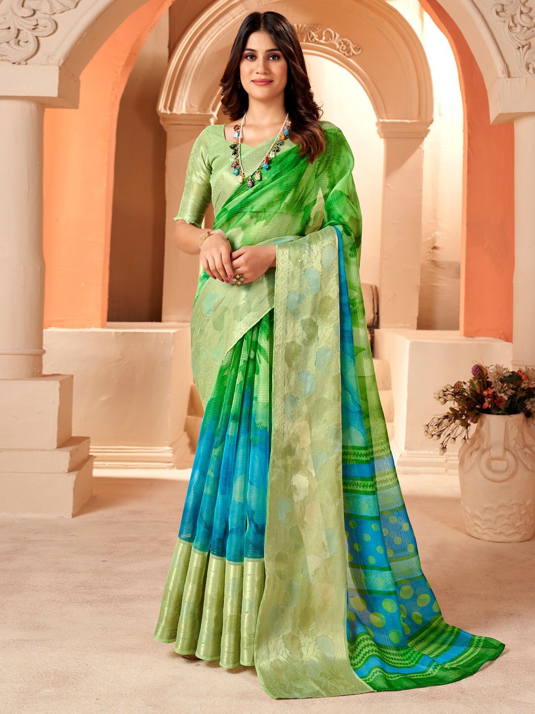 

Saree mall Zari Organza Sungudi Sarees, Green