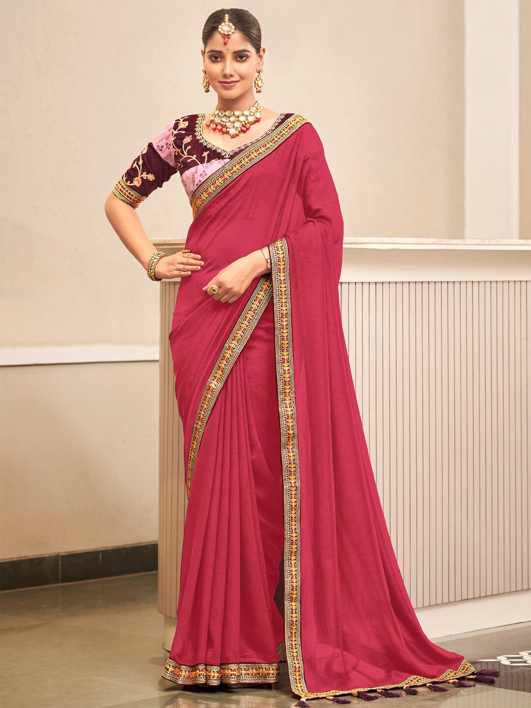 

Saree mall Embroidered Silk Blend Sarees, Pink