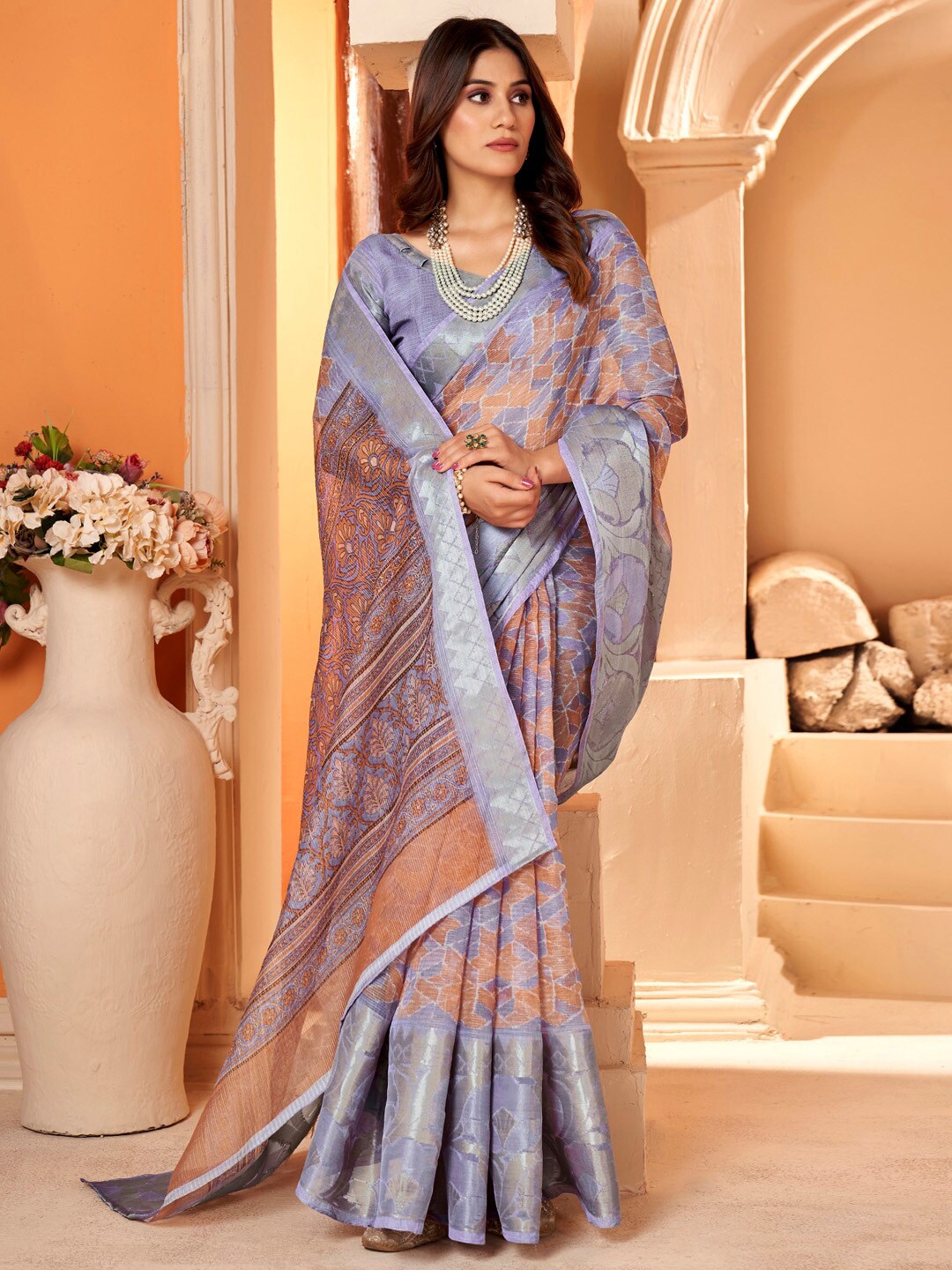 

Saree mall Lavendar Geometric Printed Zari Sungudi Organza Saree, Lavender