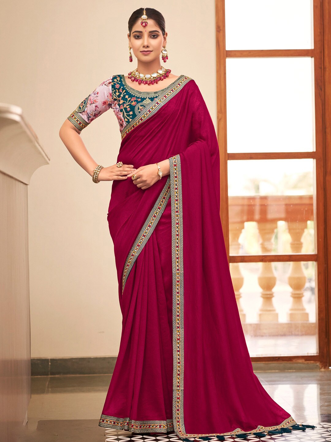 

Saree mall Embroidered Silk Blend Sarees, Pink