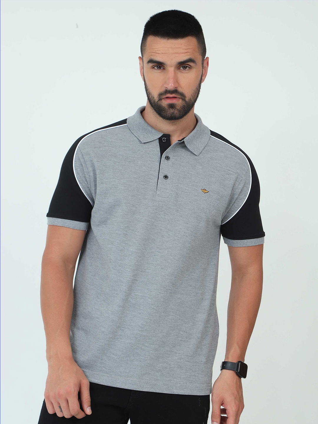 

STELLERS Men Colourblocked Polo Collar Pockets T-shirt, Grey