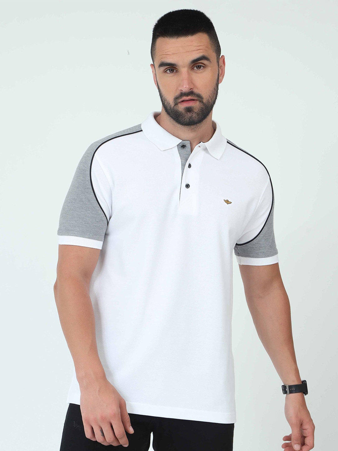 

STELLERS Polo Collar Short Raglan Sleeves Colourblocked Regular Fit T-shirt, White