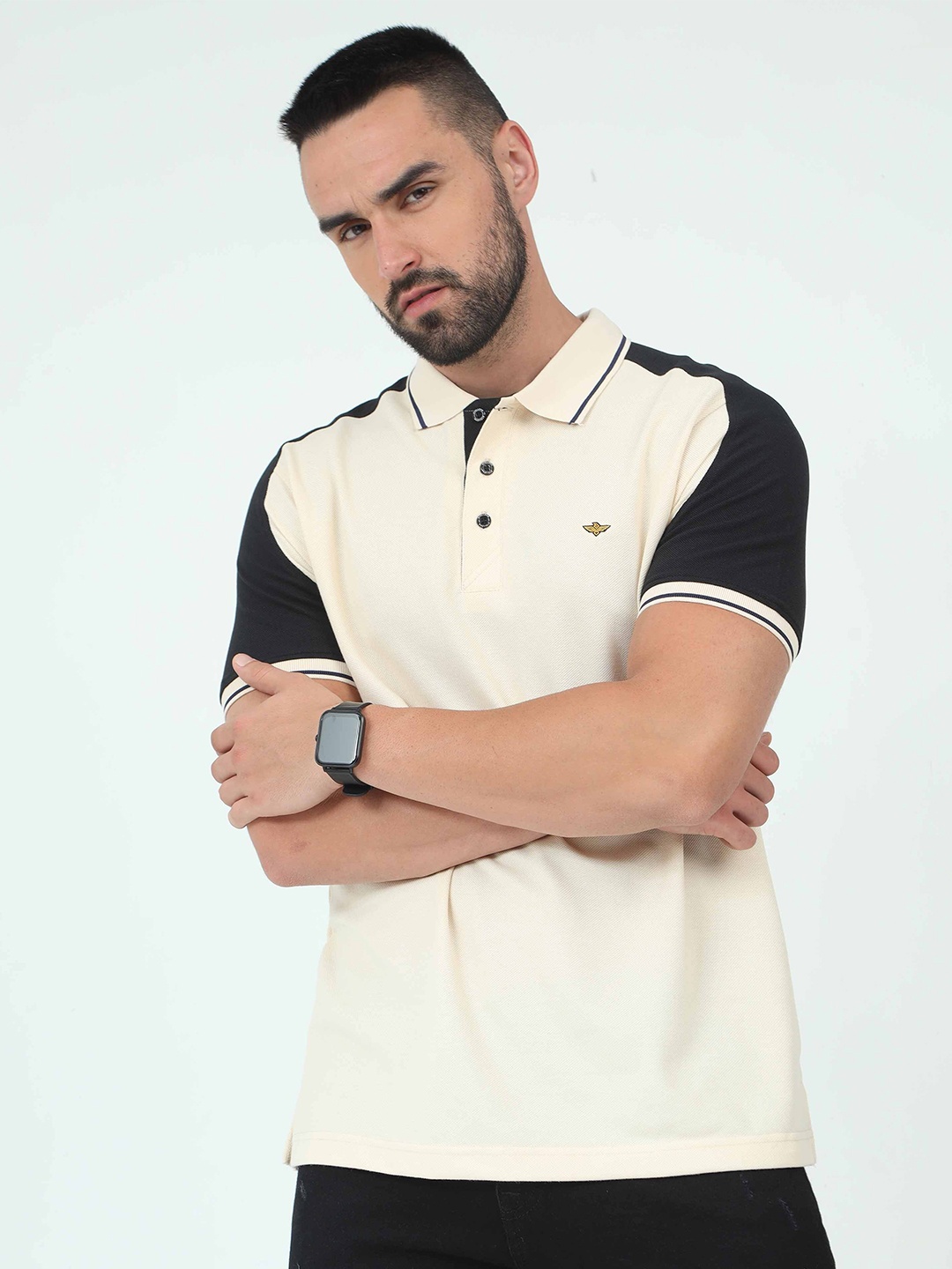 

STELLERS Polo Collar Short Sleeves Colourblocked Cotton Regular Fit Casual T-shirt, Beige