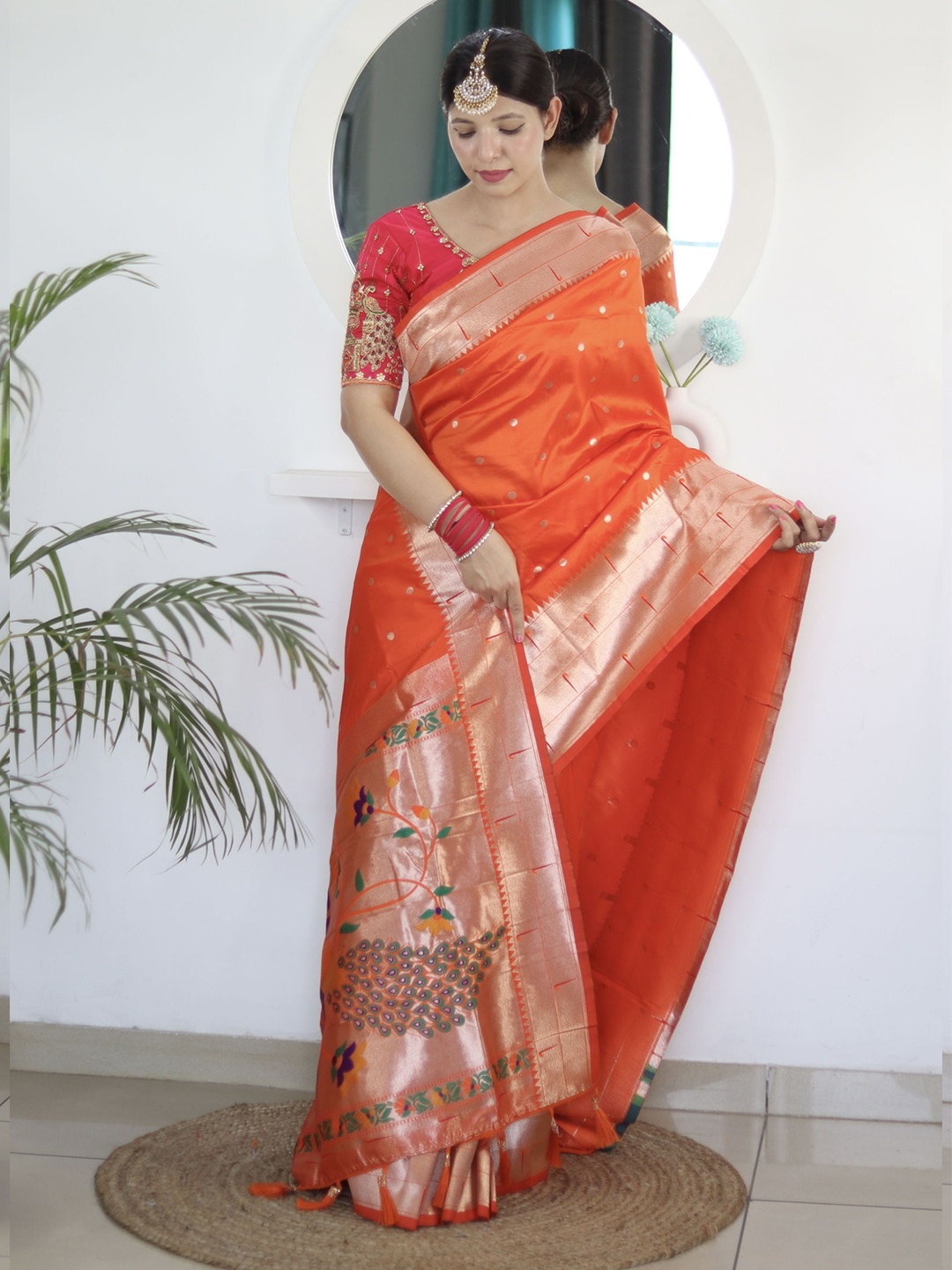 

DIVASTRI Polka Dots Woven Design Zari Pure Silk Paithani Saree, Orange