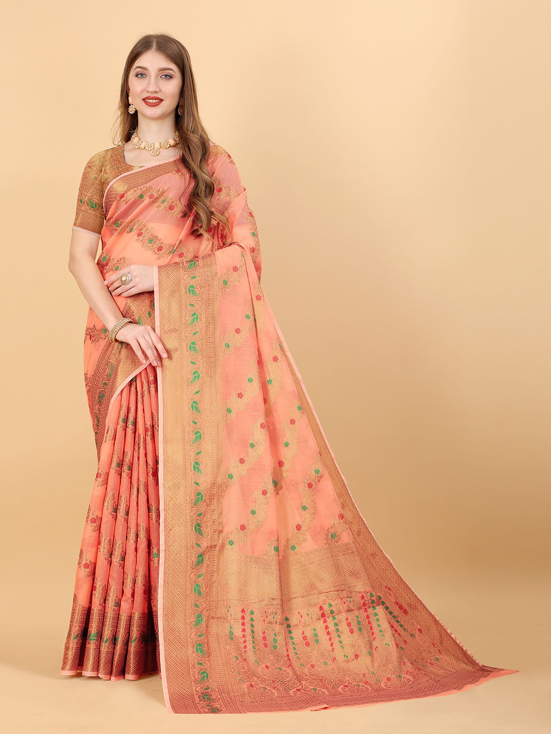 

DIVASTRI Woven Design Ethnic Motifs Zari Pure Linen Jamdani Saree, Peach