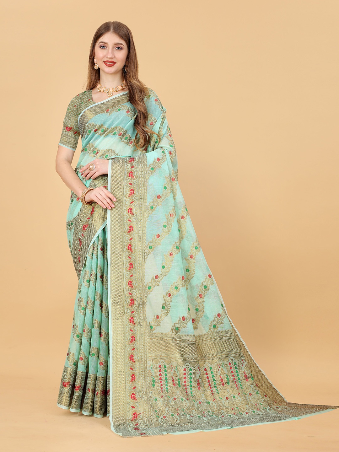 

DIVASTRI Floral Woven Design Pure Linen Jamdani Zari Saree, Blue
