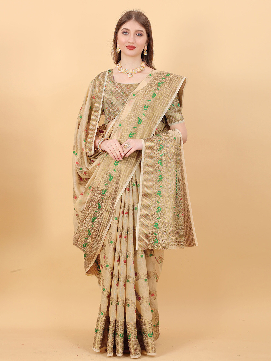 

DIVASTRI Woven Design Zari Pure Linen Jamdani Saree, Brown
