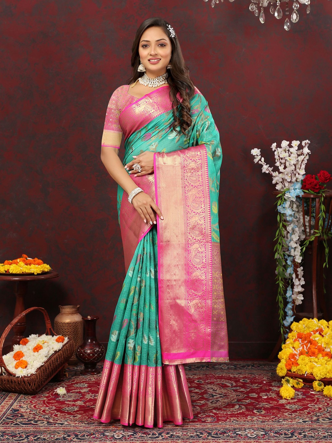 

DIVASTRI Ethnic Woven Design Zari Pure Cotton Kota Saree, Turquoise blue