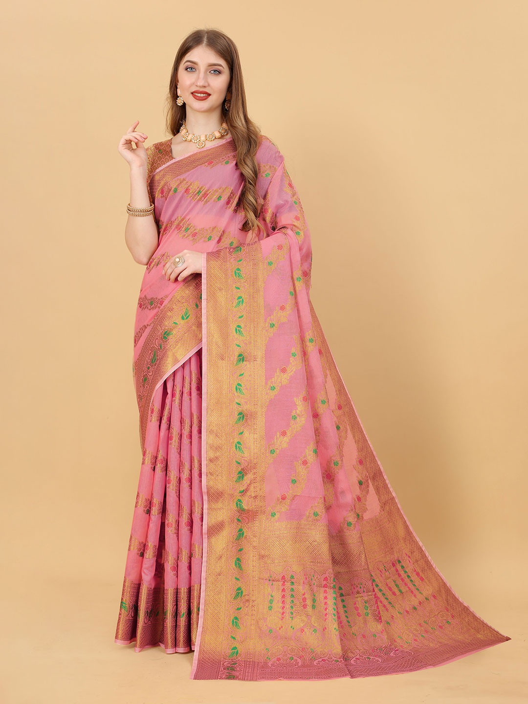 

DIVASTRI Ethnic Motifs Woven Design Zari Pure Linen Jamdani Saree, Pink