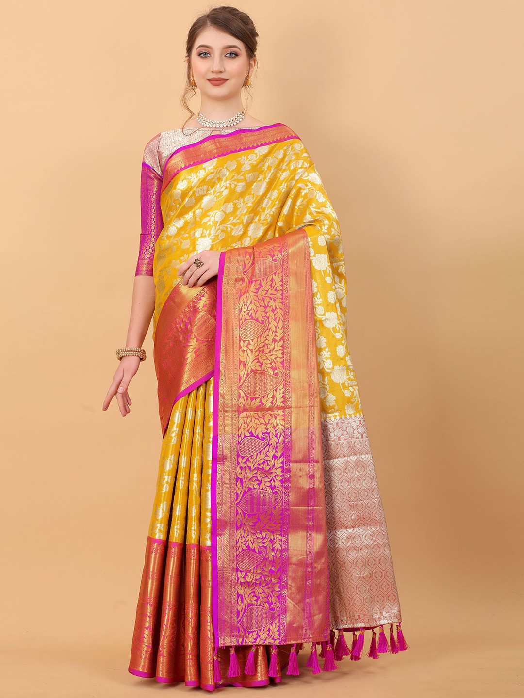 

DIVASTRI Floral Woven Design Zari Pure Silk Banarasi Saree, Yellow