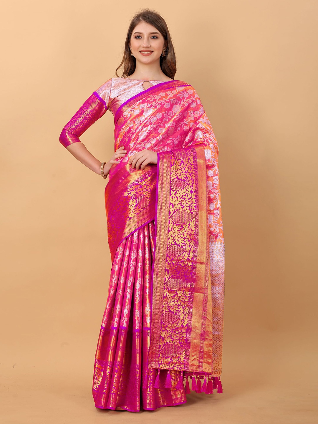 

DIVASTRI Ethnic Motifs Woven Design Zari Pure Silk Banarasi Saree, Pink