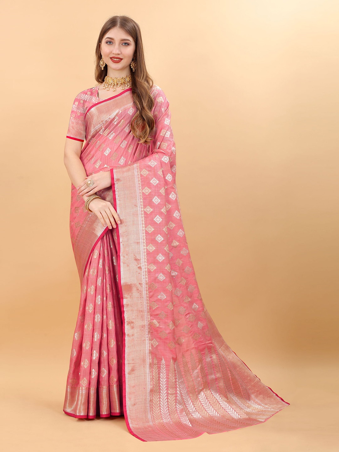 

DIVASTRI Ethnic Woven Design Zari Pure Silk Banarasi Saree, Pink