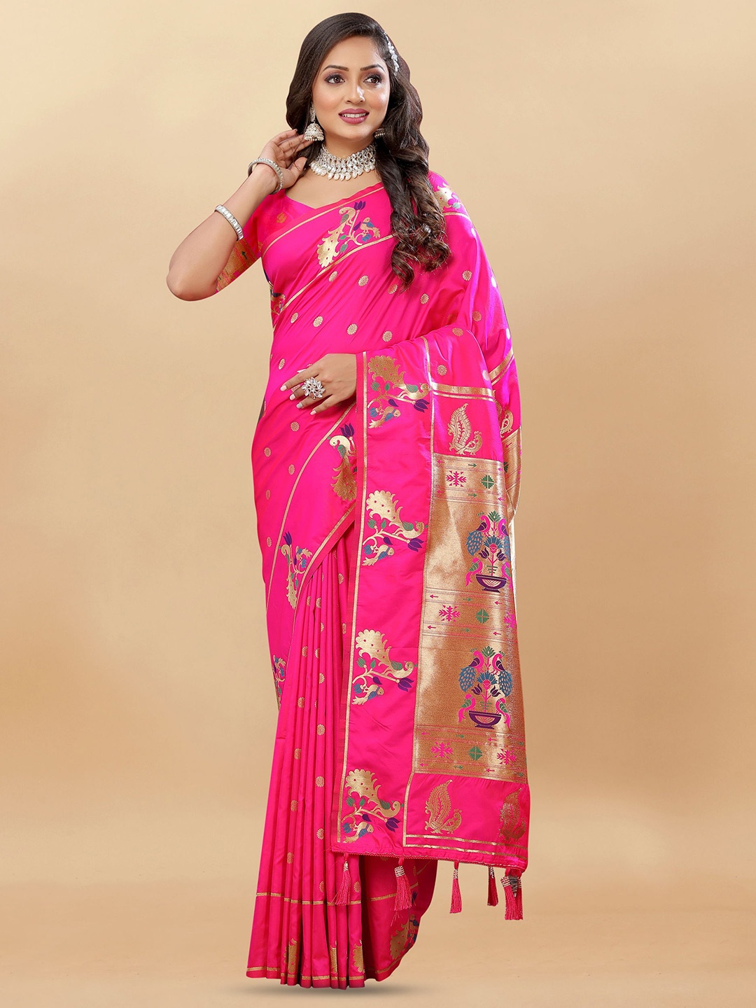 

DIVASTRI Ethnic Motif Woven Design Pure Silk Paithani Zari Saree, Pink