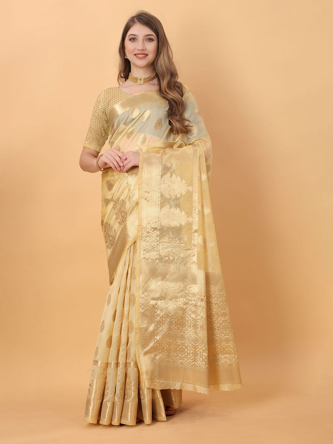 

DIVASTRI Ethnic Woven Design Zari Organza Jamdani Saree, Cream