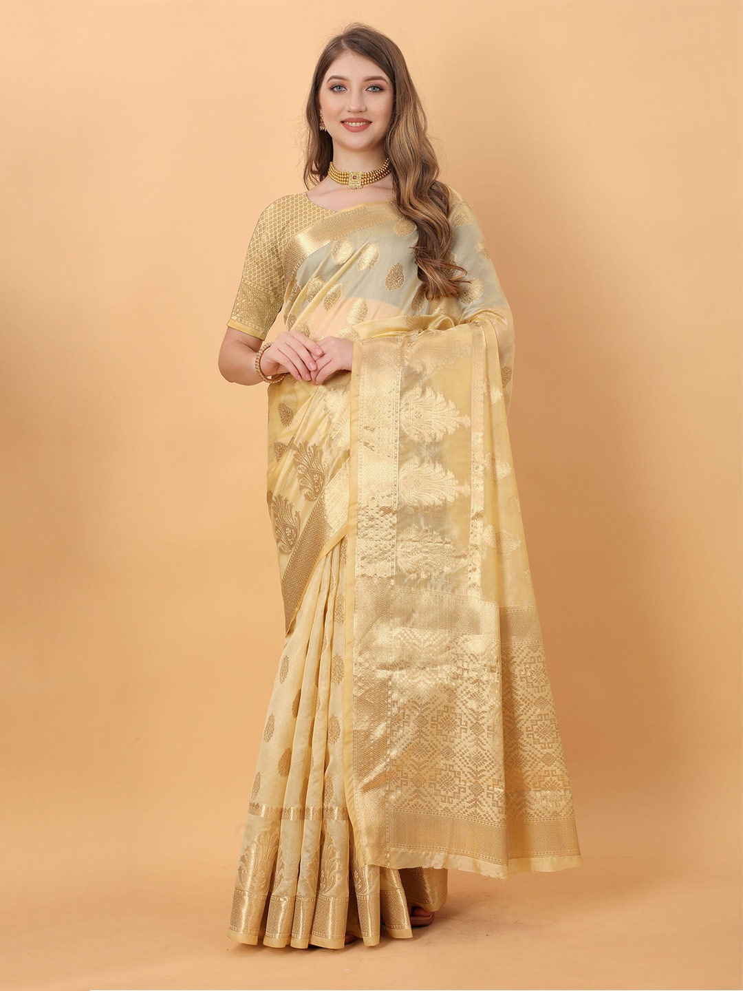 

DIVASTRI Woven Design Ethnic Motifs Zari Pure Silk Banarasi Saree, Cream