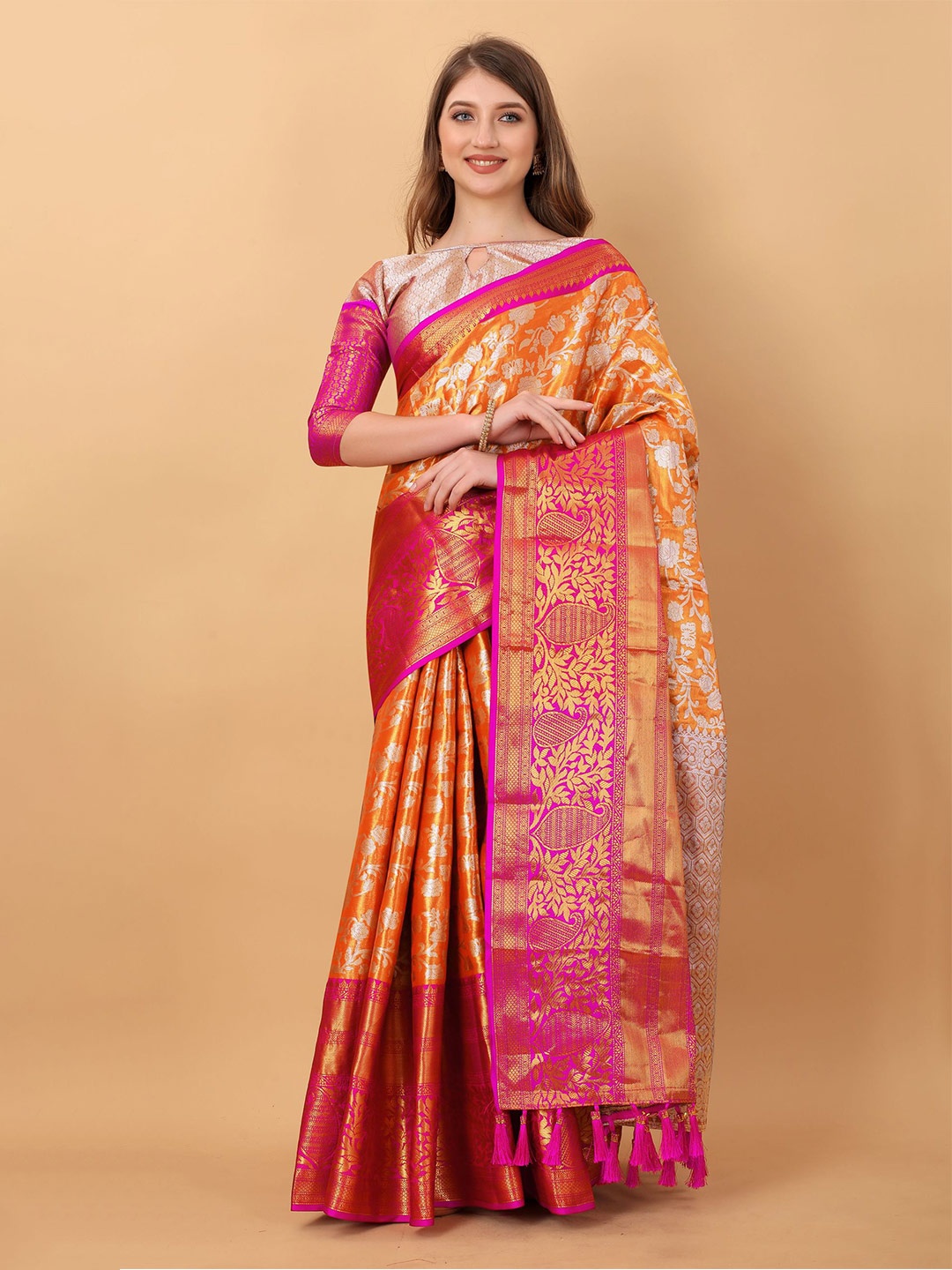 

DIVASTRI Floral Woven Design Zari Pure Silk Banarasi Saree, Orange